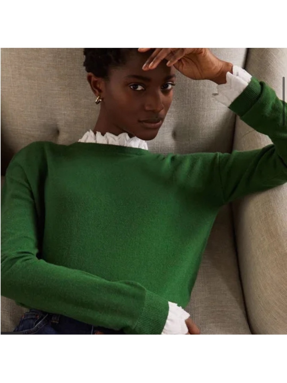 Boden Lydia woven frill sweater Kelly green with white trim